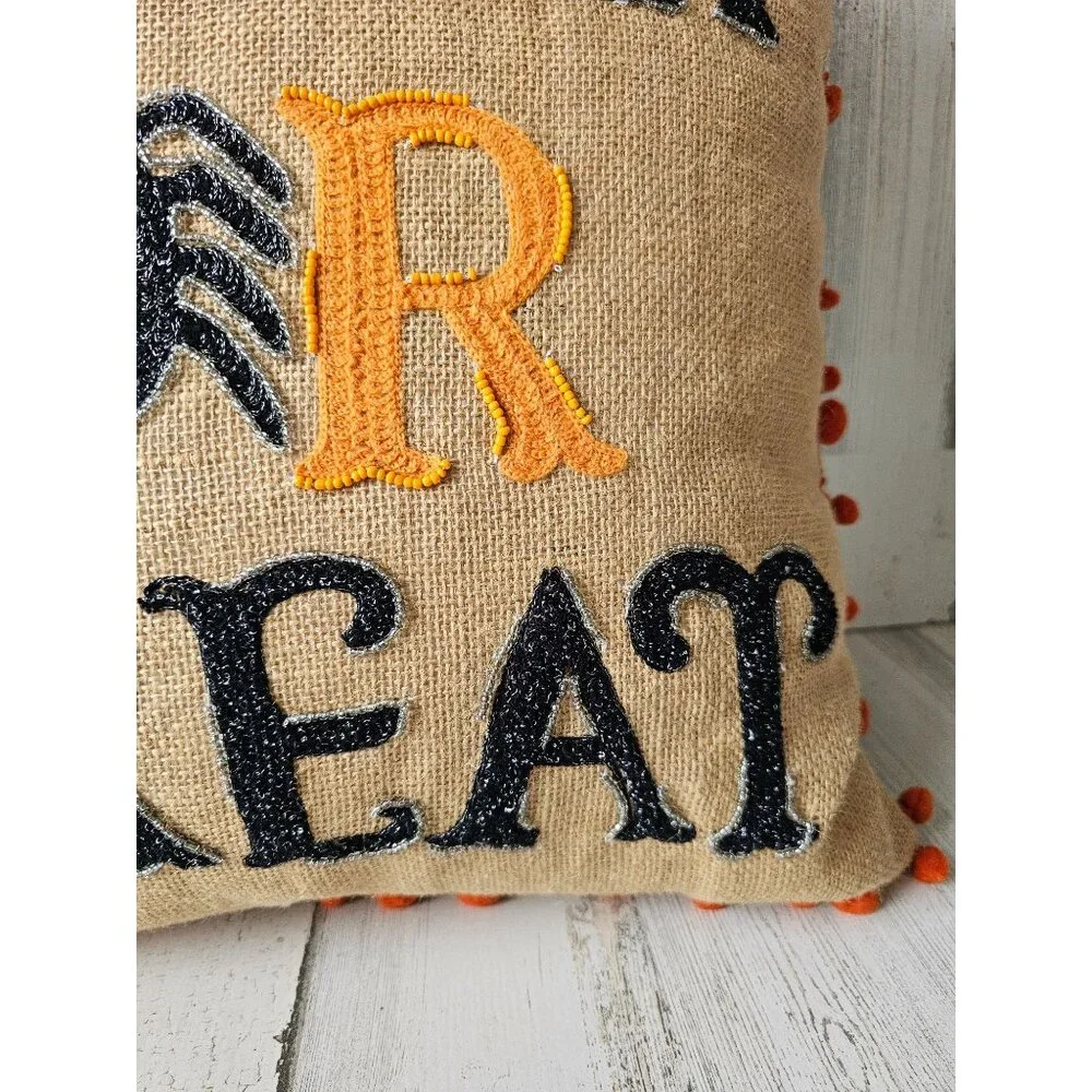 Trick or treat‎ Halloween beaded pillow burlap orange unique shabby chic spider
